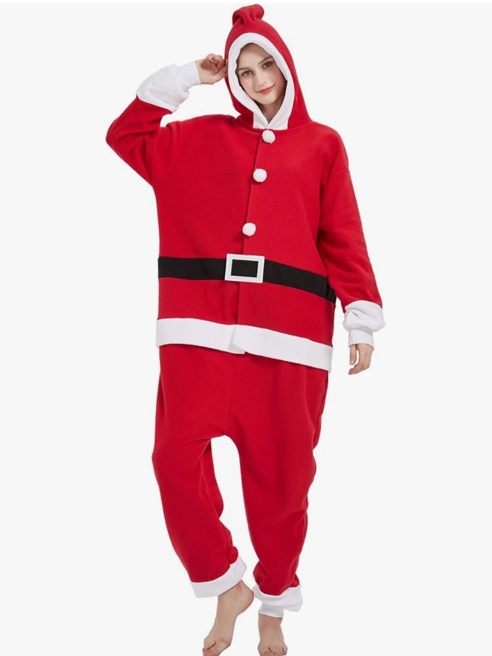 NWOT Santa Claus Suit Christmas Onesie Pajamas Costume attached Hood and Belt